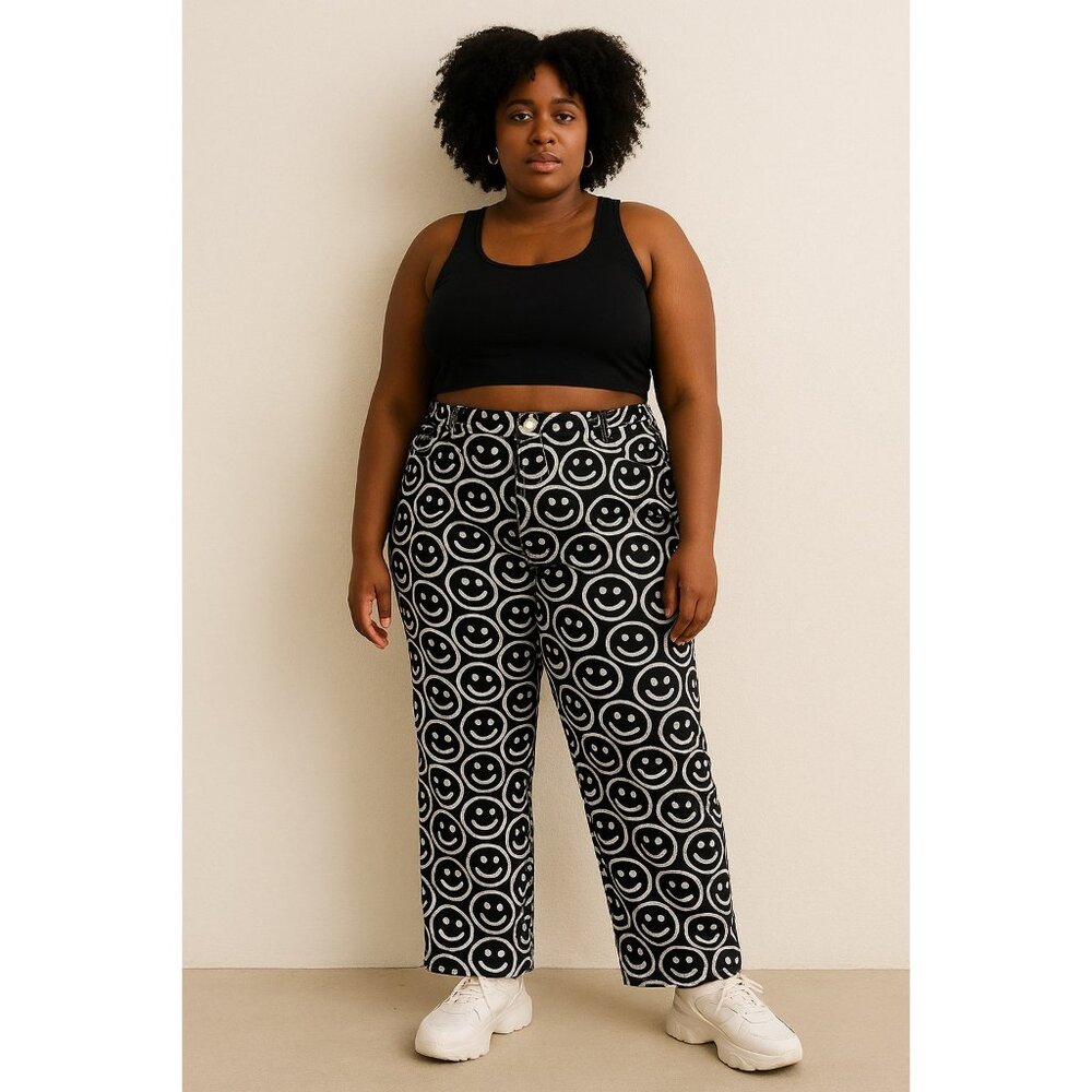 Shekou Smiley Face Print Pants Women’s XL – Black & White High Rise Cotton Jeans